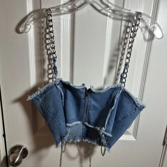 Miss 8 Blue Wash Denim Lace Up Corset L Chains Stretch Zip Back - Picture 5 of 7